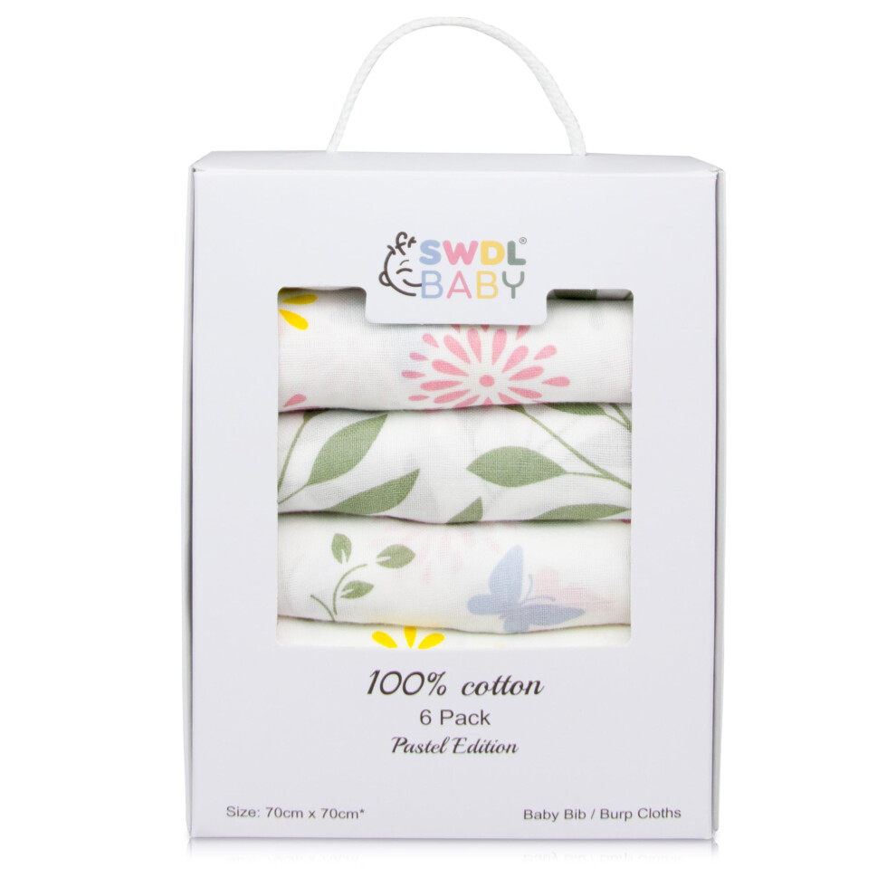 Swdl Baby Large Baby Muslin Cloths - 100% Cotton Muslin Squares (Pack Of 6, 70 X 70 Cm) | Soft, Absorbent & Breathable | Perfect As Baby Bibs & Burp Cloths |