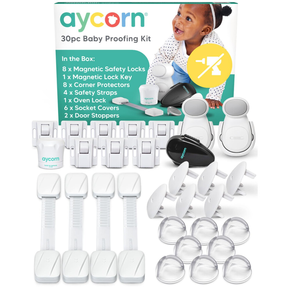 AYCORN? 30-Piece Baby Proofing Safety Kit - Cupboard Locks for Children, Corner Protectors, Plug Socket Covers UK, Safety Straps, Oven Lock, Door