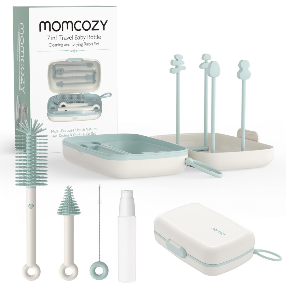 7 In 1 Baby Bottle Brush Set - Complete Bottle Cleaning Kit With Silicone Brush, Nipple Brush, Straw Brush, Soap Dispenser, And Drying Rack - Momcozy