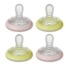 Tommee Tippee Breast-Like Soother Night, Glow in the Dark, Skin-Like Texture, Symmetrical Orthodontic Design, 0-6m, Pink & Yellow, Pack of 4 Dummies