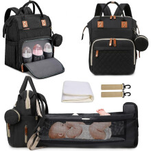 Fexkean Nappy Changing Backpack, Waterproof Multi-Function Large Capacity Diaper Baby Travel Bag with Bed 3 in 1 Foldable Crib Unisex for Mom and Dad