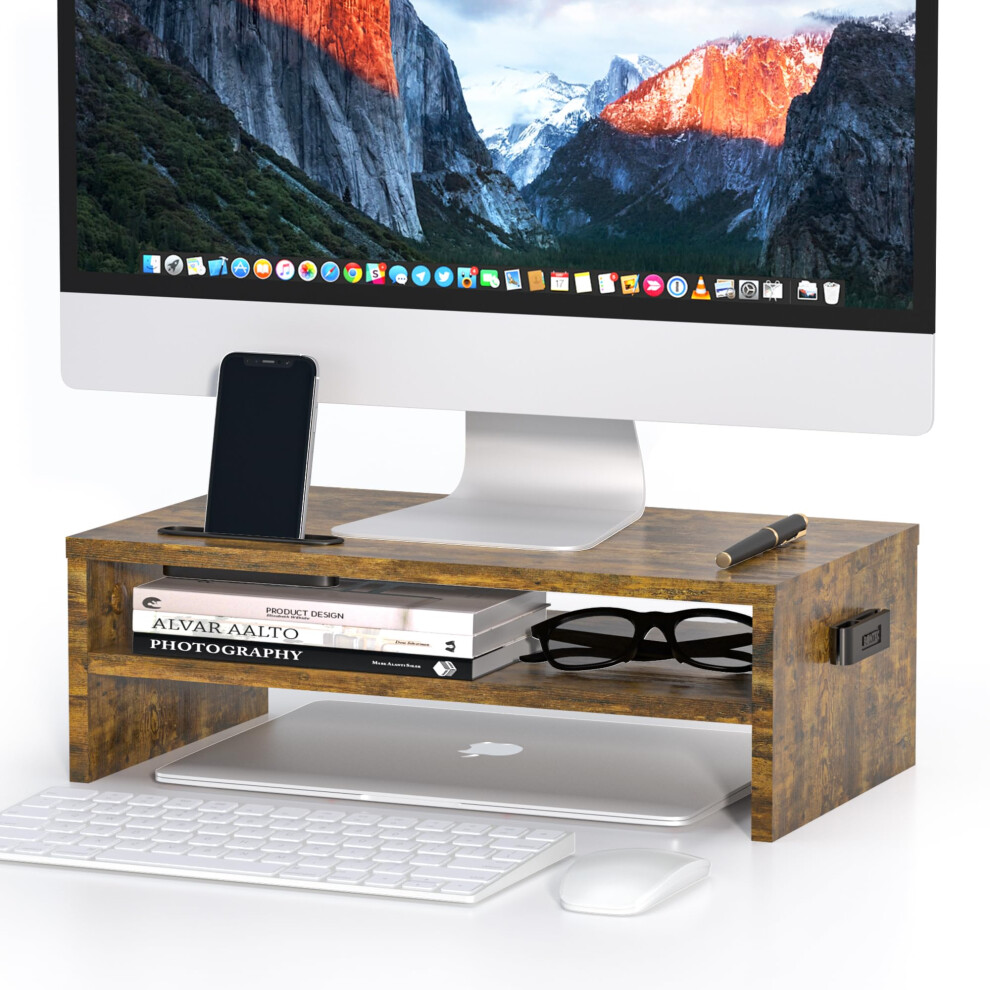 Bontec Wood Monitor Stand Riser, Desk Monitor Stand With Smartphone Holder, Ergonomic Laptop Stand With Cable Management For Computer, Notebook, Pc, 2 8000001204423