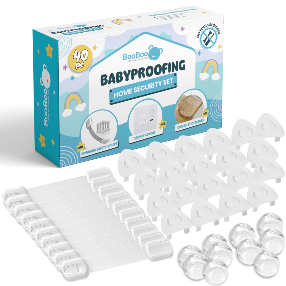 Booboo (40 Pack) Child Safety Baby Proofing Kit | x10 Door Strap Locks, x10 Corner Guards, x20 Plug Protectors | Baby Proof Your Home & Kitchen with