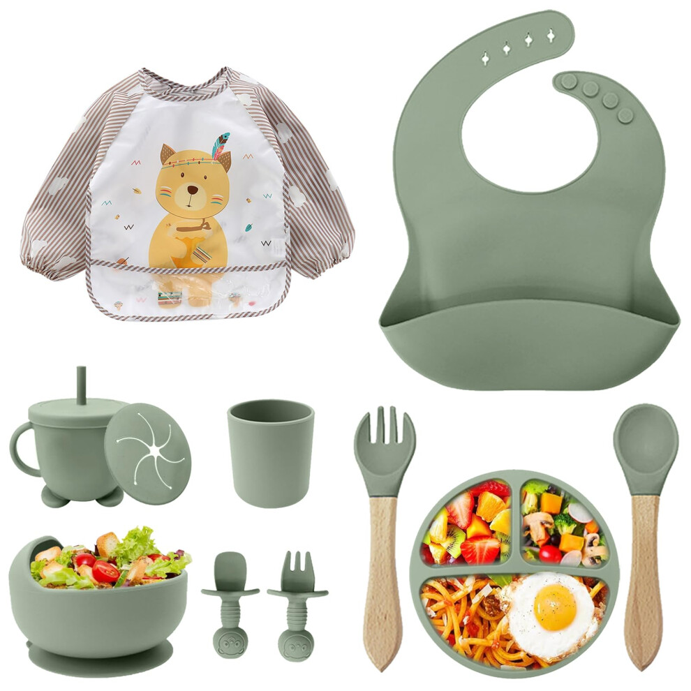 Baby Weaning Set, 11Pcs Silicone Baby Plate With Suction Cup, Silicone Baby Bib, Spoon, Fork & Sippy Cup, Baby Tableware - Baby Dinnerware Set, Baby Vacvad