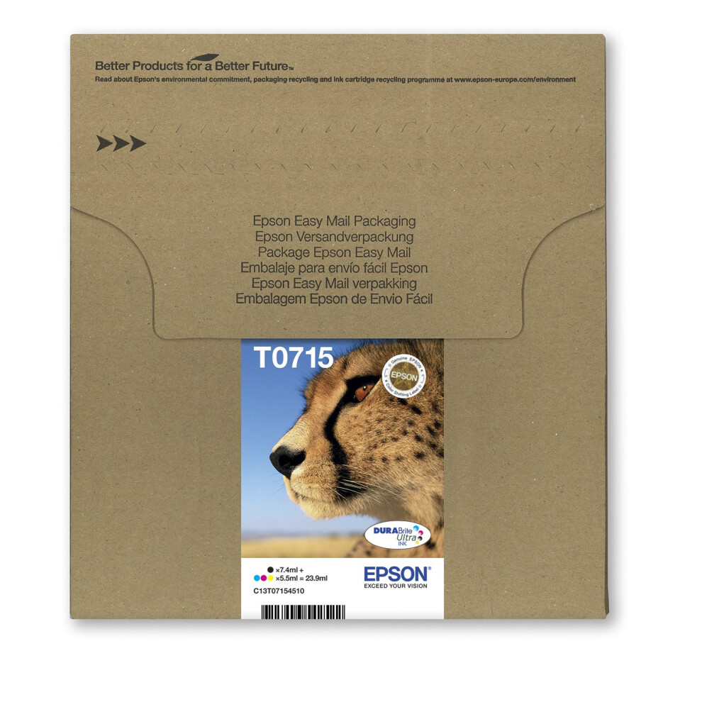 Epson T0715 Cheetah Genuine Multipack, Eco-Friendly Packaging, 4-Colours Ink Cartridges, Durabrite Ultra Ink,/Yellow Black/Cyan/Magenta 8000001309784