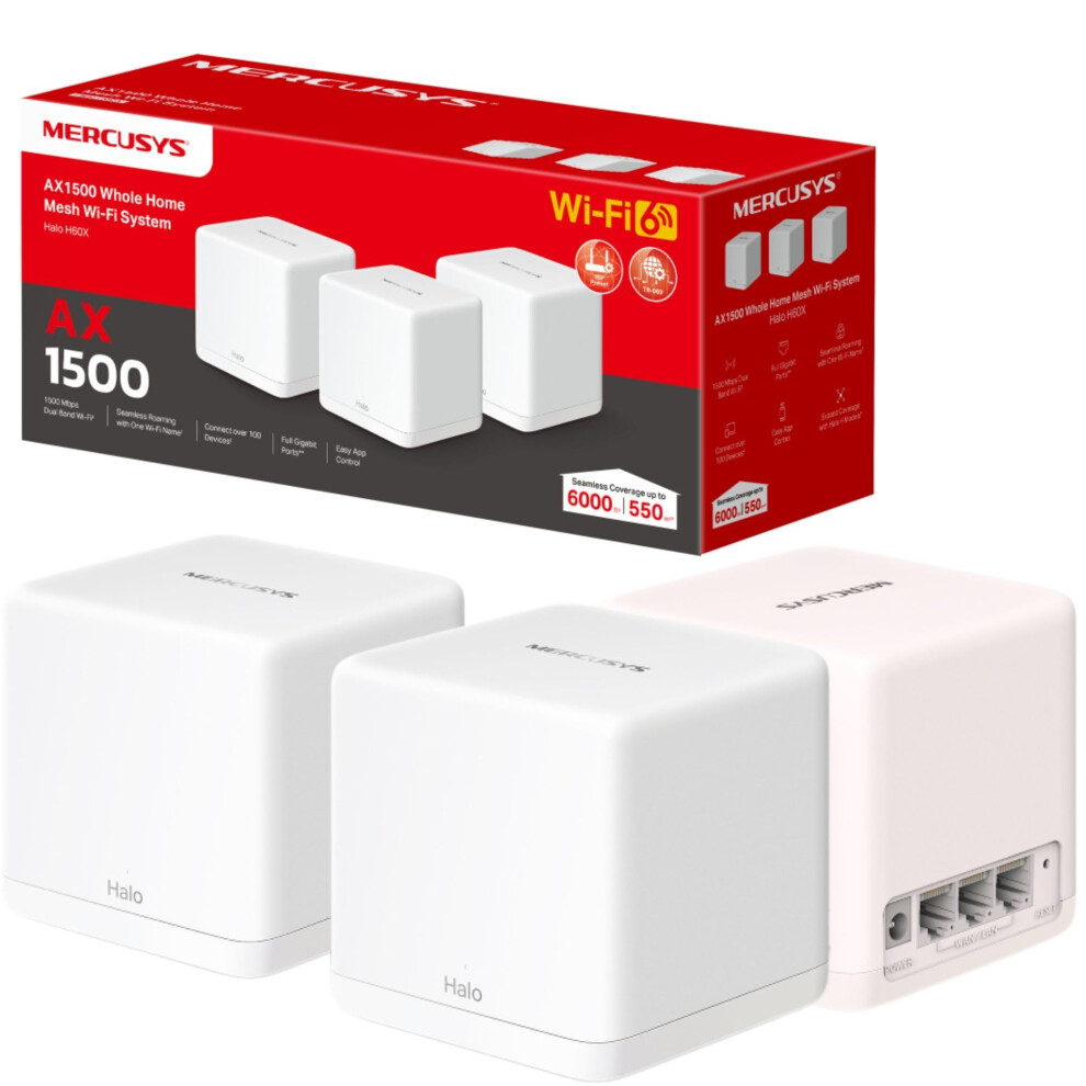 MERCUSYS Halo H60X(3-pack) AX1500Mbps Mesh WiFi 6 System, Gigabit Ports, TP-Link WiFi Mesh System, WiFi Router, WiFi Extender Booster, 6,000ft?(550-image-OPC-PK5589H-NEW