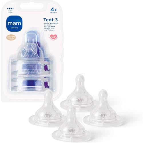 MAM MAM Teats Size 3 | 4 Pack | Fast Flow | Suitable from 4+ Months | Fits All