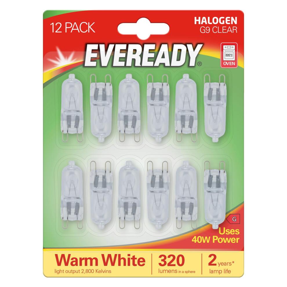 Eveready Halogen G9 Bulbs, 40W Dimmable, Warm White 2800K, 320 Lumens, Pack Of 12 (12)