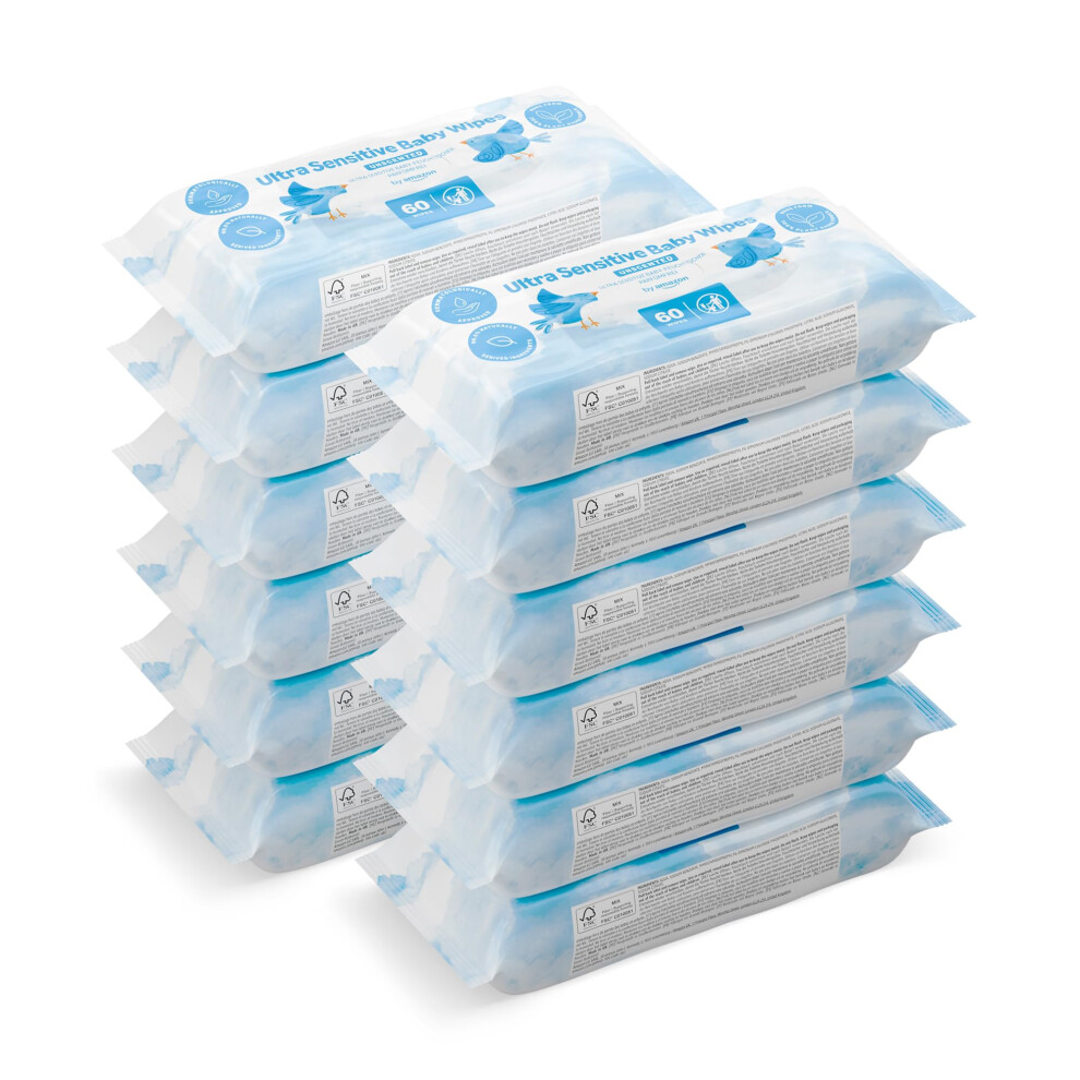 Ultra Sensitive Baby Wipes, 100% Plant Based Fibres, 720 Wipes, By Amazon