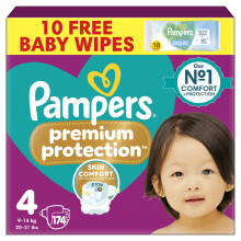 Pampers Premium Protection Size 4, 174 Baby Nappies, 9kg-15kg, Monthly