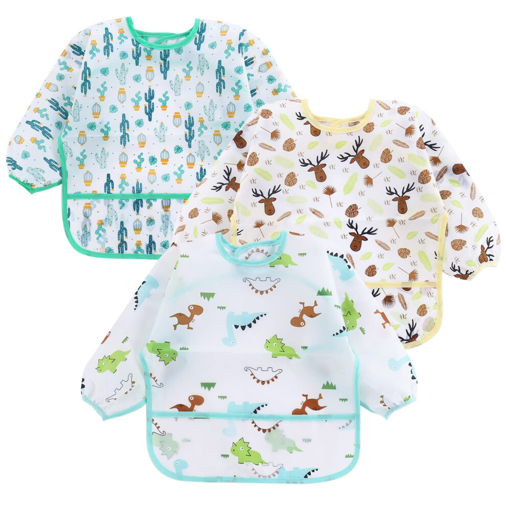 Pandaear 3 Pack Baby Weaning Bibs With Long Sleeves | Waterproof Toddler