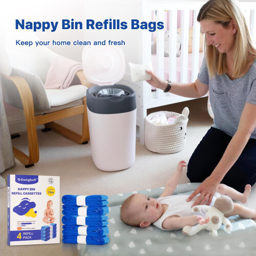4 Pack Nappy Bin Refills, 7.5m Extra-Long Diaper Pail Bags Compatible with 2