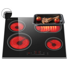 DELITEER Electric Hob 60cm, 4 Zone Ceramic Hob 6600W, Built-in 60cm Electric