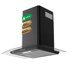 CIARRA 60cm Cooker Hood 650 m³/h Curved Glass Chimney Hood Black with 3 Speed