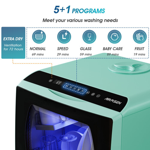 AIRMSEN Mini Table Top Dishwasher, 6 Programs Countertop Dishwasher, 5L Water 2