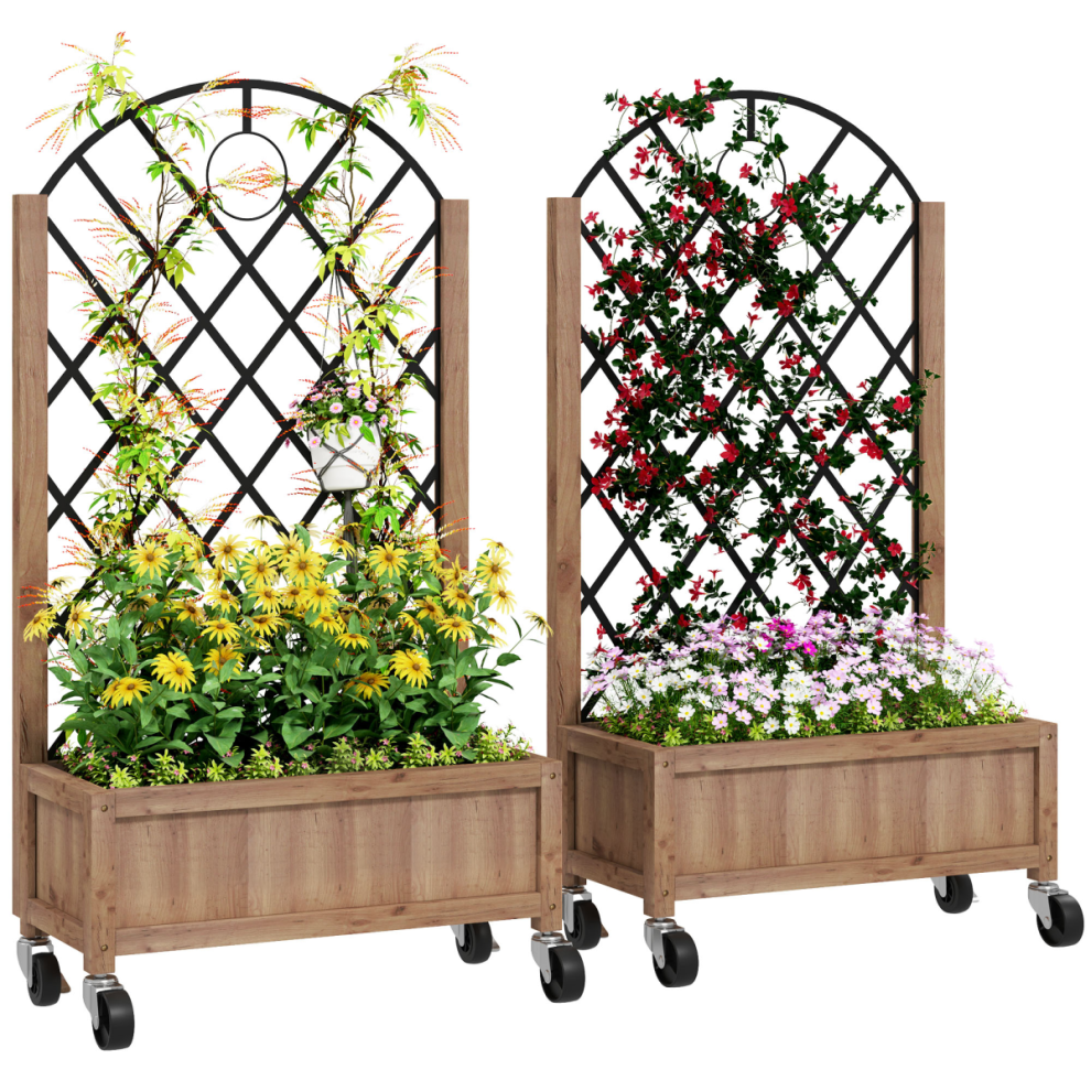 Outsunny Wooden Raised Garden Bed with Metal Trellis, Pack of 2, Brown | Elevated Planter Boxes, Wheels, Drainage Holes, Outdoor Raised Planter for Climbing Plants, Fruits, Vegetables, Flowers - Image 6