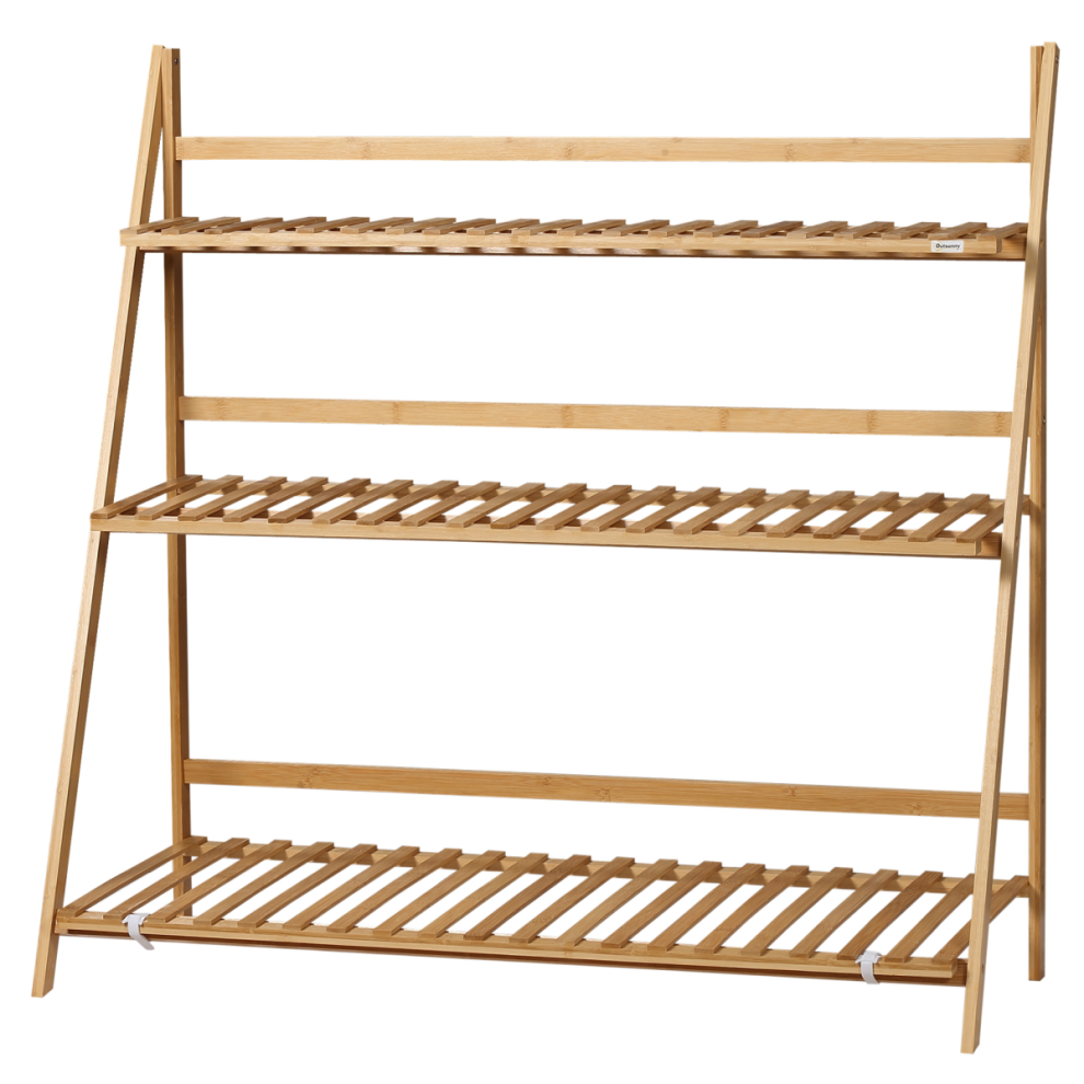 Outsunny 3-Tier Folding Bamboo Plant Stand Display Shelf Rack For Indoor & Outdoor