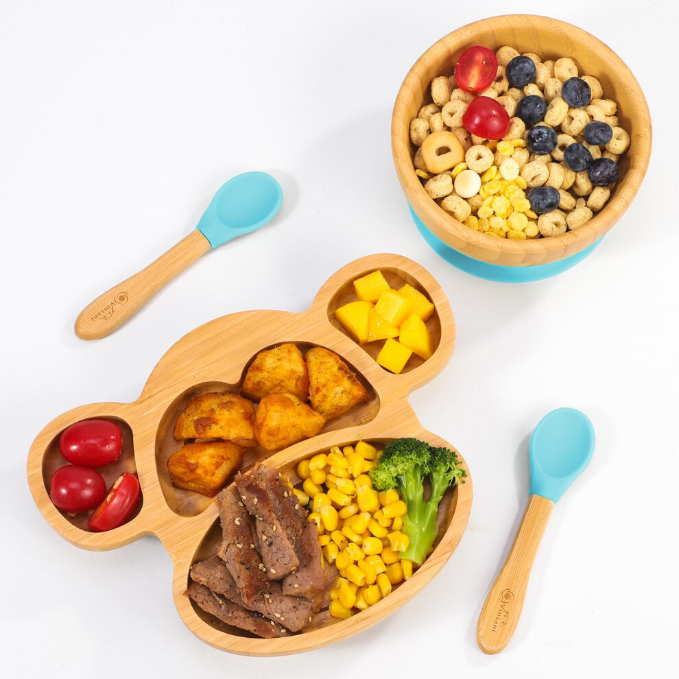 Bamboo Monkey Plate,Bowl & Spoon Set 1010217 Blue Vinsani