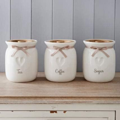 Tea/Coffee/Sugar Engraved Heart Jar 13x15Cm 