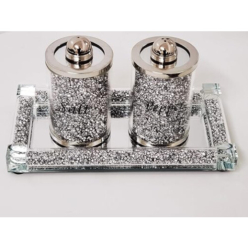 Crushed Crystal Salt Pepper Jars & Plate 39x18Cm