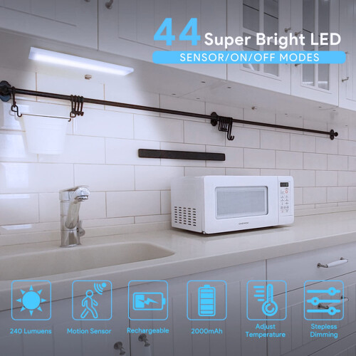Under Cupboard Kitchen Lights,4 Pack 44 LEDs 3 Modes Motion Sensor Under Cabinet Lights,2000mAh USB Type-C Rechargeable Dimming Wardrobe Light,2 Colo 1