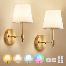 DSJK Battery Operated Wall Sconce Set of 2,Gold Wireless Wall Light with Remote Control,RGB Dimmable 15 Colors,Rechargeable Bulbs Cordless Lamp for I