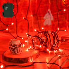 Isisyu Halloween Lights Outdoor, 3M 30LED Red Fairy Lights Battery Operated with 6-Hour Timer, Green Wire IP65 Waterproof Halloween Decoration Lighti