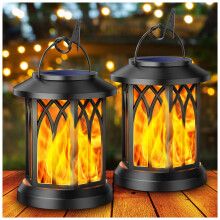 KOOPER Solar Lights Outdoor Garden, 2 Pack Hanging Solar Lanterns with Realistic Flickering Flame LED, Waterproof Flame Effect Garden Ornaments for P