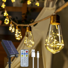 Ollny Solar Lights Outdoor Garden 6m Hemp Rope Festoon Light with Remote, USB Fairy String with 16 S17 Shatterproof Bulbs 160 LEDs 8 Modes, Waterproo