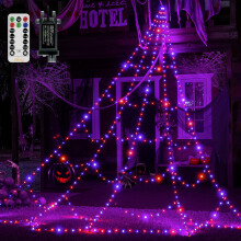 Ollny 5m 454 LEDs Halloween Spider Web Shape Orange and Purple Lights, Outdoor Cobweb Light Mains Powered with Remote/Plug/Modes/Timer, Waterproof De