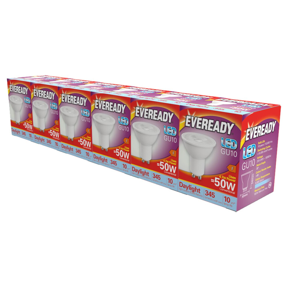 Eveready GU10 LED Bulb 4.7W Replaces 50W Daylight (6500k) 345 Lumens Non-Dimmable Spotlight. Pack of 6 Bulbs.