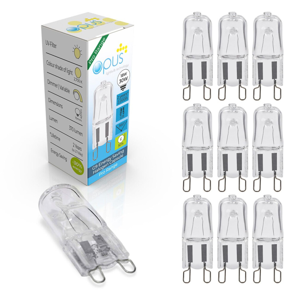 Opus Lighting Technology Opus G9 Halogen Bulb 18W - Equivalent To 26W G9 Bulb - Warm 2700K - Long Life 2,000 Hours - Clear Glass Capsule - Dimmable - 2 Pin Bulbs White/Light
