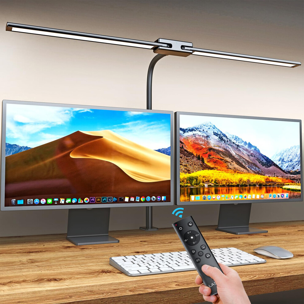 Lastar LED Desk Lamp with Remote Control ï¼ 32.5" Wide Double Head, Architect Desk Lamp for Home Office with Clamp, Timer, 24W Ultra Bright Gooseneck
