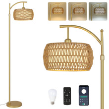 Rayofly Rattan Floor Lamp with Remote Control, Gold Floor Lamp with Dimmable LED Bulb & Foot Switch, Boho Standing Lamp with Double Shades, Modern Fl