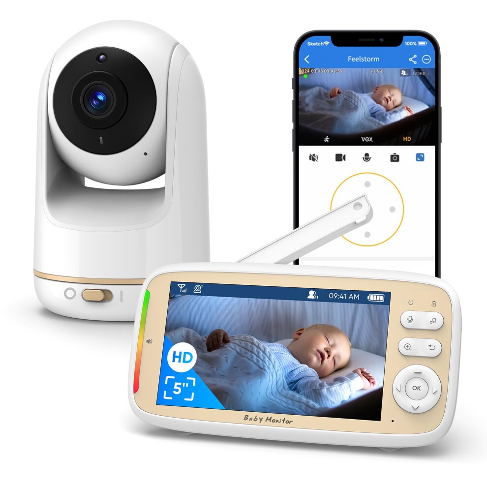 5" Baby Monitor, 720P Baby Camera Monitor, Baby Monitor With Camera And Night Vision, App, Ptz, Music Control, Voice Activation, Two-Way Talk, Mypin
