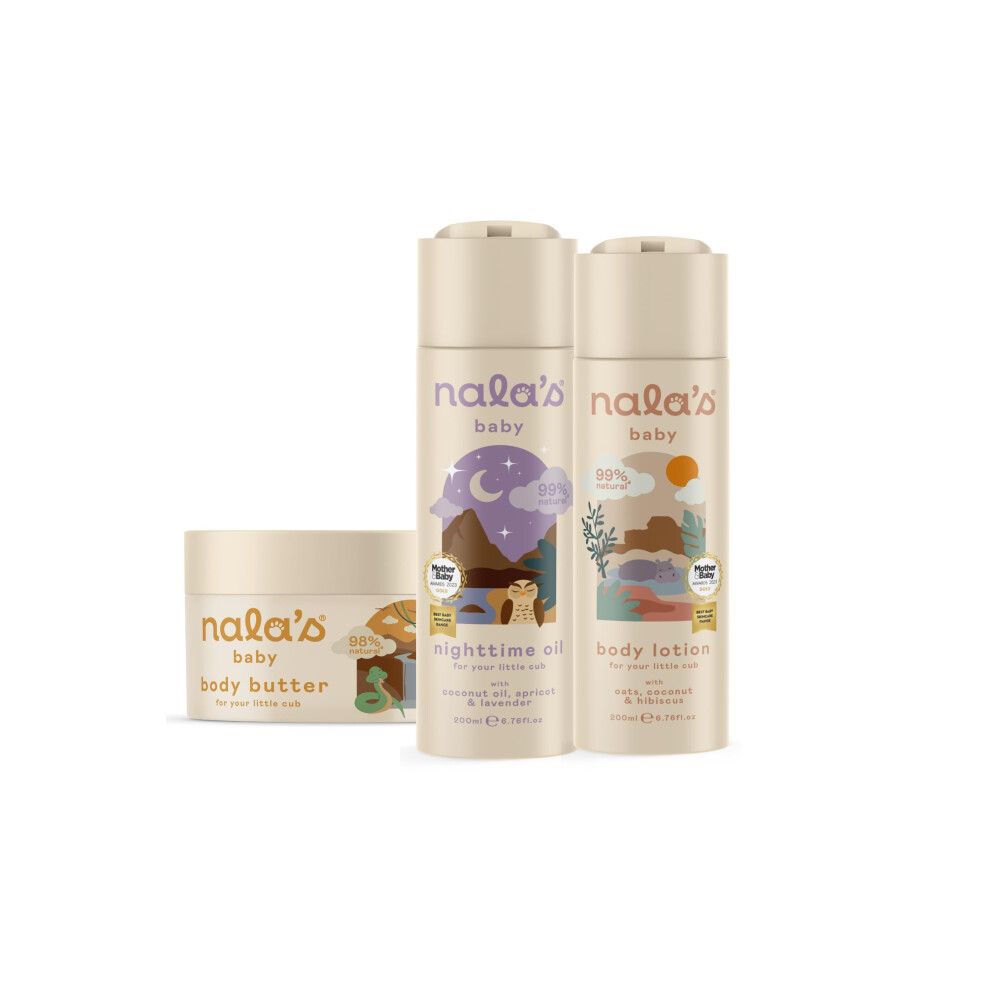 Skin Bundle | Body Butter, Body Lotion, Nighttime Oil | Award-Winning | Dermatologically-Tested And Paediatrician-Approved | Tear-Free | Nala's Baby