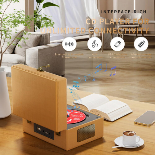 Yintiny Brown Leather CD player With Speakers For Home Decor 1