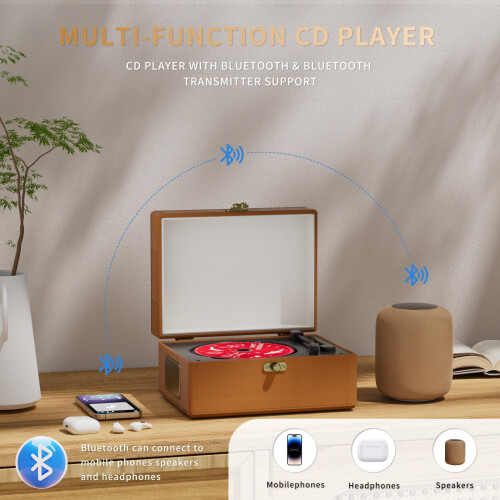 Yintiny Brown Leather CD player With Speakers For Home Decor 2