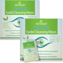 NOVEHA 2PK Tea Tree Oil Eyelid & Lash Wipes | With Hyaluronic Acid, Green Tea & Chamomile For Blepharitis & Itchy Eyes, Individually Wrapped Eyelash