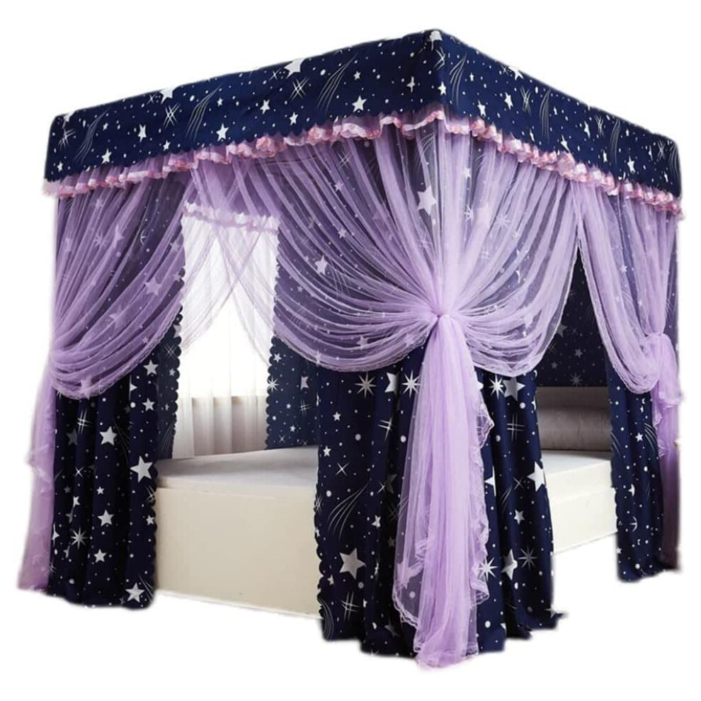 4 Corner Post Canopy Bed Set With Princess Design, Deluxe Curtains, Mosquito Net, Color Options, 180X220 Cm/120X200 Cm Blue