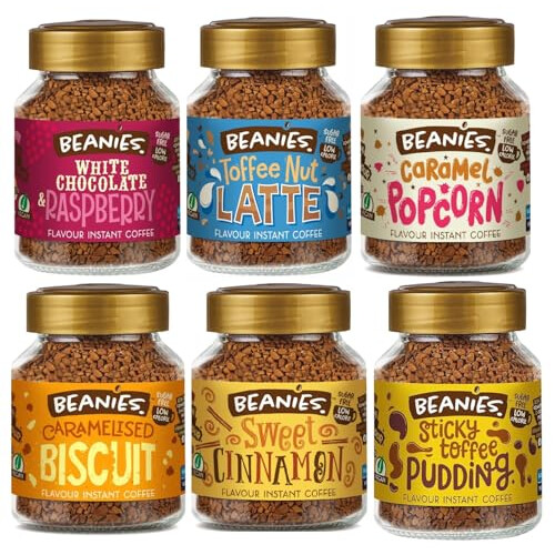 Beanies Flavoured Instant Coffee Sweet Variety Pack – 6 x 50g Jars – Sticky Toffee, Sweet Cinnamon, Caramelised Biscuit etc