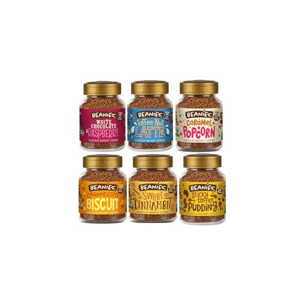 Beanies Flavoured Instant Coffee Sweet Variety Pack – 6 X 50G Jars – Sticky Toffee, Sweet Cinnamon, Caramelised Biscuit Etc White