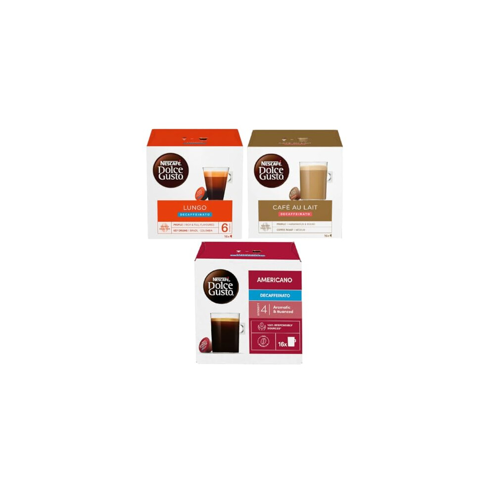 Nescafe Nescafé Dolce Gusto Decaf Variety Pack Coffee Pods (Pack Of 3, Total 48 Decaffeinated Capsules) – Lungo, Café Au Lait, Americano