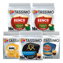 Tassimo Decaf Variety Pack Coffee Pods (Pack of 5, Total 80 Capsules) – Kenco Americano, L'OR, Marcilla & Café Hag