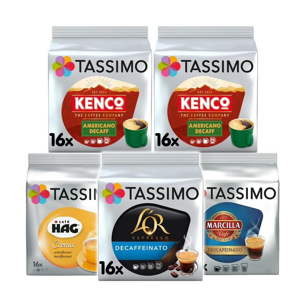 Tassimo Decaf Variety Pack Coffee Pods (Pack Of 5, Total 80 Capsules) – Kenco Americano, L'or, Marcilla & Café Hag