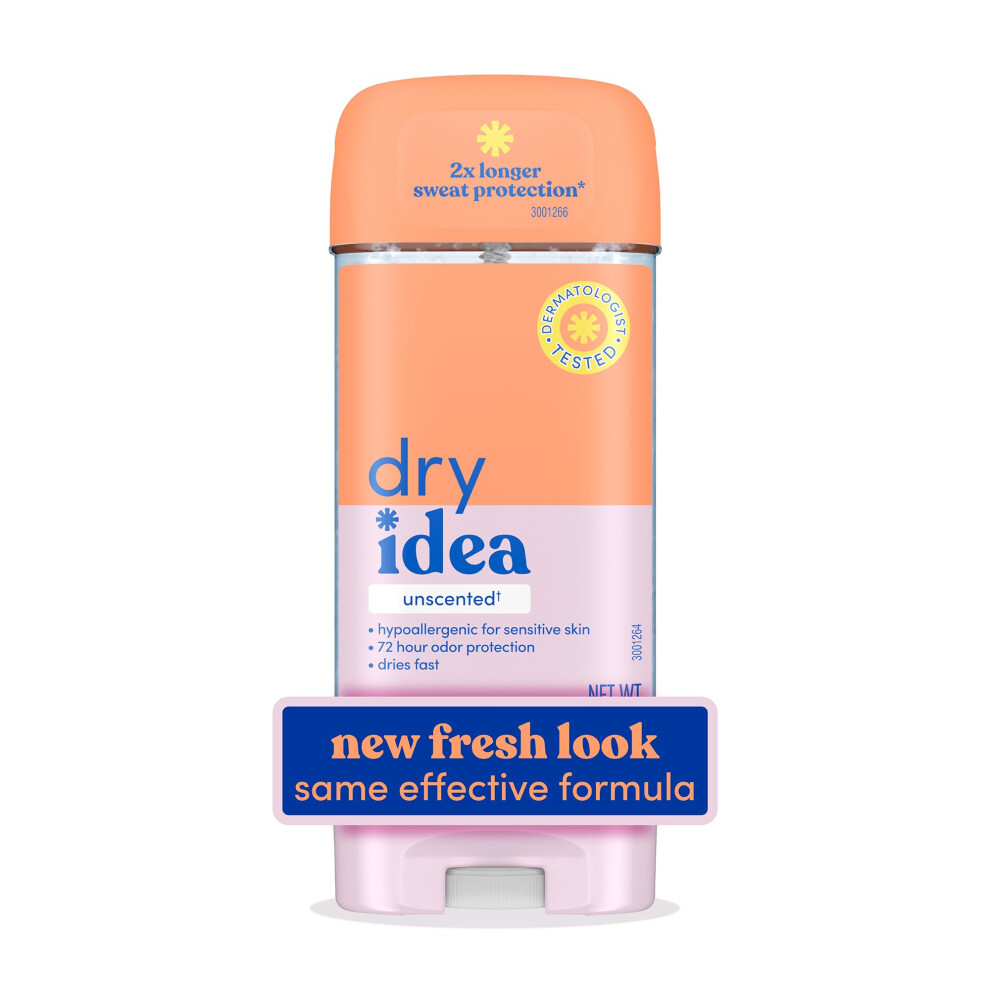 Dry Idea Gel Deodorant & Antiperspirant | 2X Longer Sweat Protection | 72-Hour Odor Protection | Unscented & Hypoallergenic For Sensitive Skin, 3 Oz.