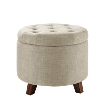 Amazon Basics Ottoman with Storage Tufted Round Upholstered Footstool Linen Burlap Beige 20"""" x 17""""