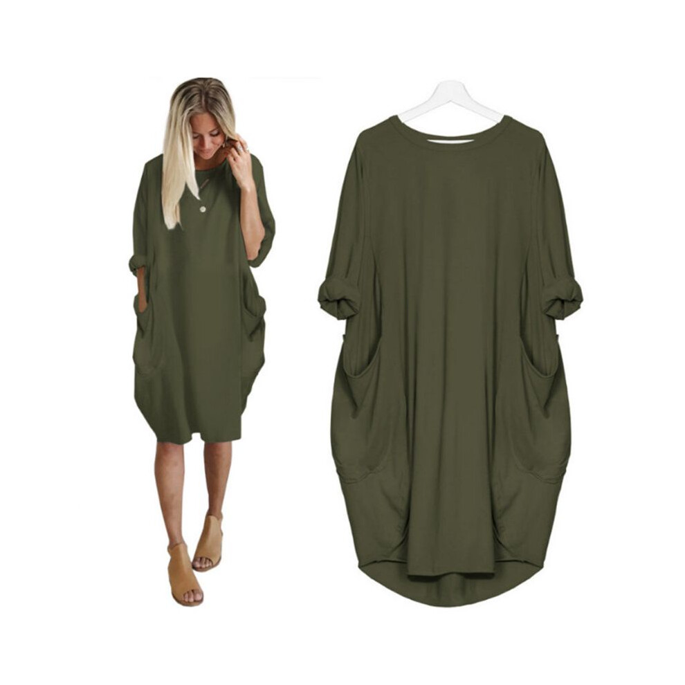 (Army Green, 3XL) Stretch Loose Women Baggy Jumper Tops Ladies Pocket Party Long Dress Sleeve Mini-image-OPC-PK566HK-NEW