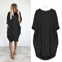(Black, 3XL) Stretch Loose Women Baggy Jumper Tops Ladies Pocket Party Long Dress Sleeve Mini