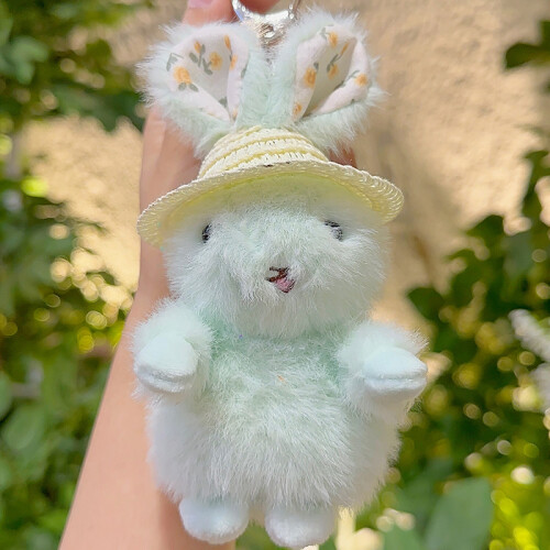 (Green) Rabbit Cute Plush Keychain With Floral Ear And Straw Hat Design ...